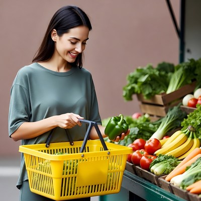 Woman holding green pepper at market
