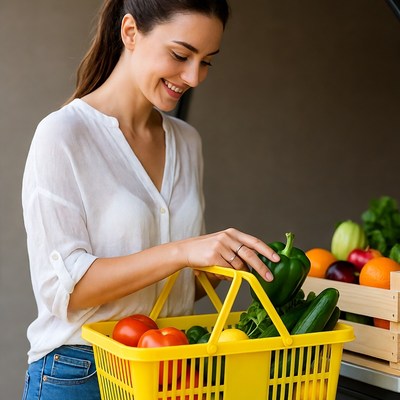 Woman selecting peppers from grocery basket