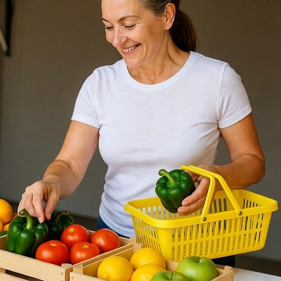 Smiling woman holding peppers at market