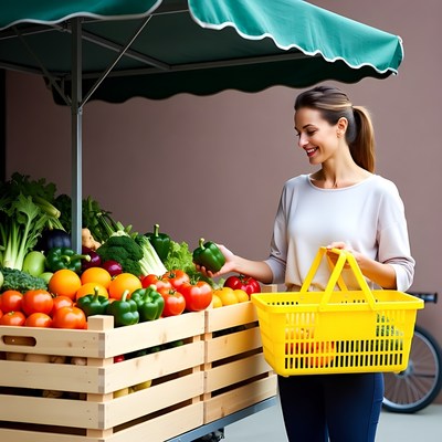 Woman shopping vegetables at market stall