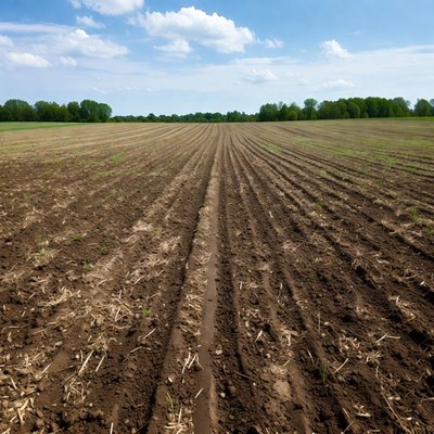 Freshly plowed field under blue sky