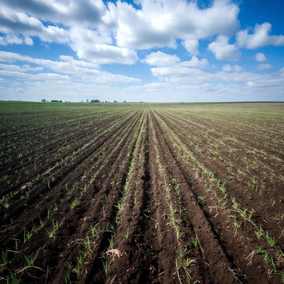 Green crop rows in plowed field