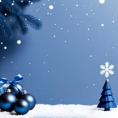 Blue Christmas Ornaments and Tree with Snow
