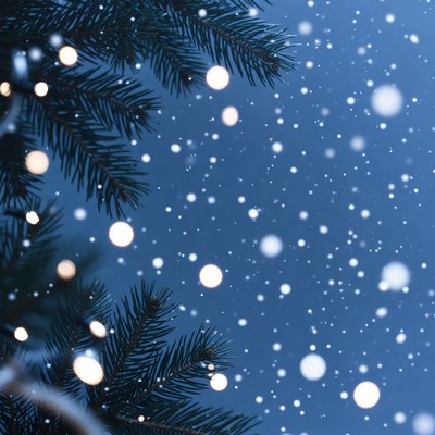 Christmas tree branches with lights and snow