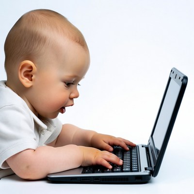 Baby typing on laptop