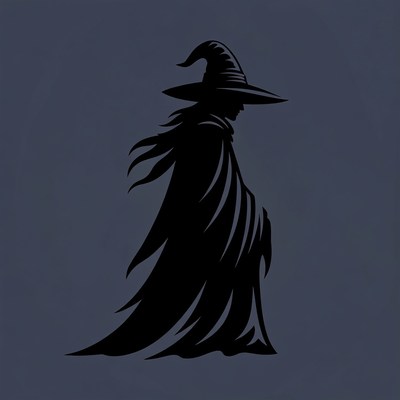 Silhouette of Witch in Hat and Cape
