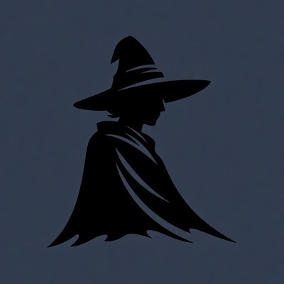 Silhouette of Witch in Hat and Cape
