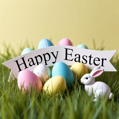 Happy Easter Bunny with Colored Eggs