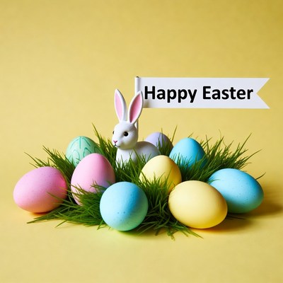 White bunny with Easter eggs and Happy Easter sign