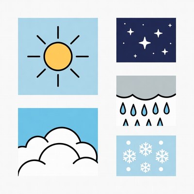 Four Weather Icons: Sun, Stars, Cloud, Rain, Snow