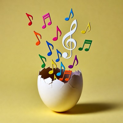 Colorful musical notes bursting from cracked egg