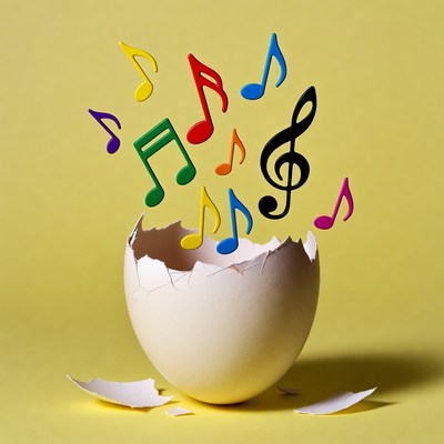 Colorful music notes bursting from egg