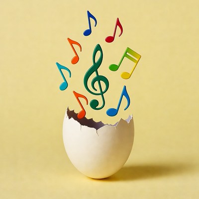 Colorful music notes bursting from egg