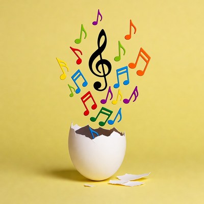 Colorful musical notes bursting from egg