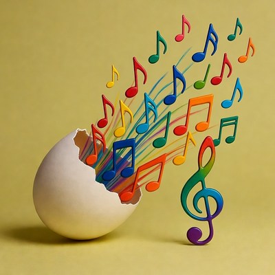 Music notes bursting from cracked egg