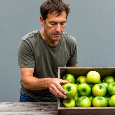 Man examining green apples in crate