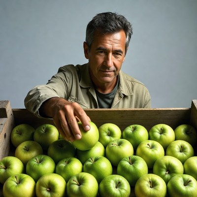 Man holding green apple from crate