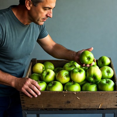 Man examining green apples in crate
