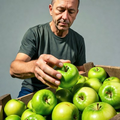 Man inspecting green apple in crate