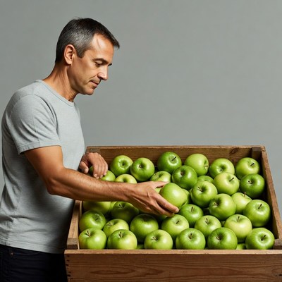 Man inspecting green apples in crate