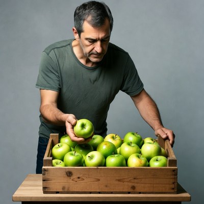 Man inspecting green apple from crate