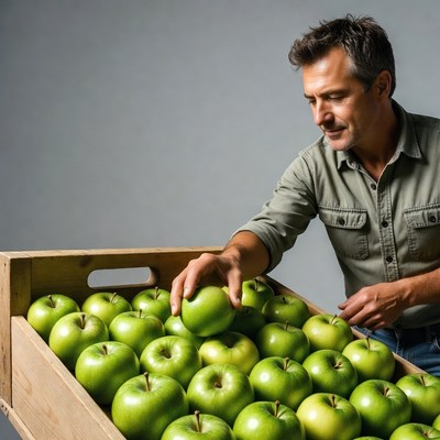 Man picking green apple from crate