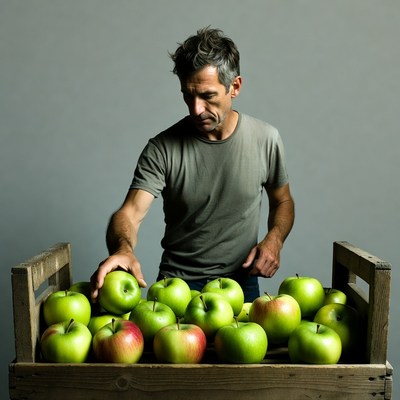 Man holding green apples in crate