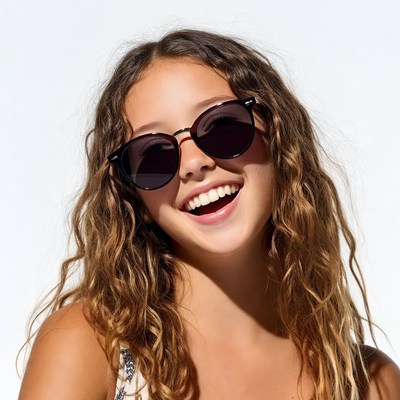 Smiling girl with curly hair and sunglasses