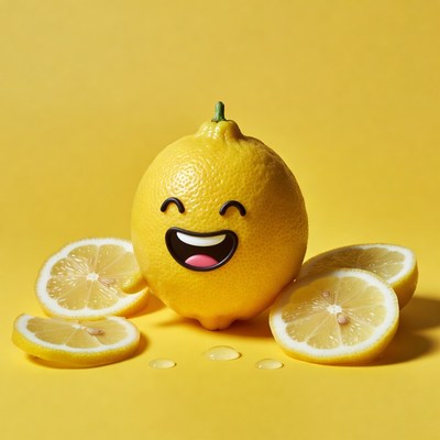 Smiling Cartoon Lemon with Slices