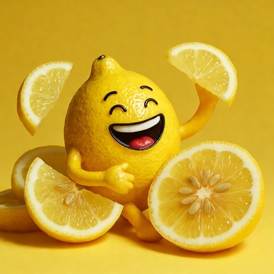 Happy cartoon lemon laughing with slices