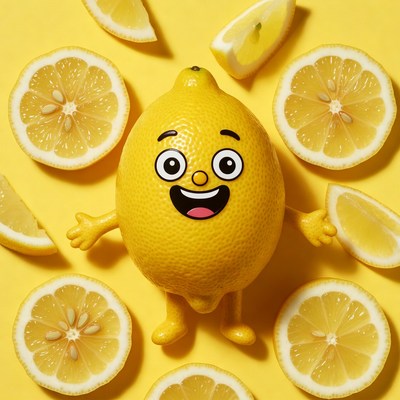 Smiling Cartoon Lemon with Lemon Slices