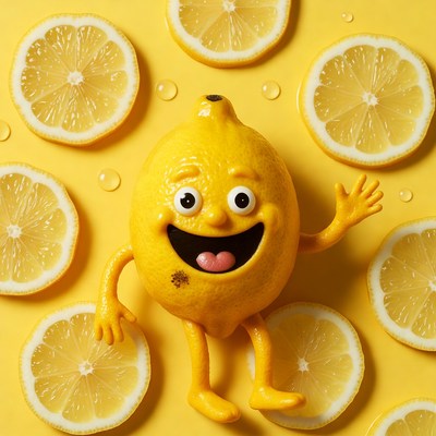 Cartoon Lemon Waving Among Lemon Slices