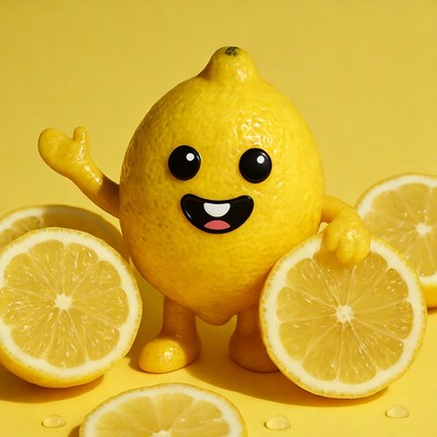Cartoon Lemon Character Holding Lemon Slices