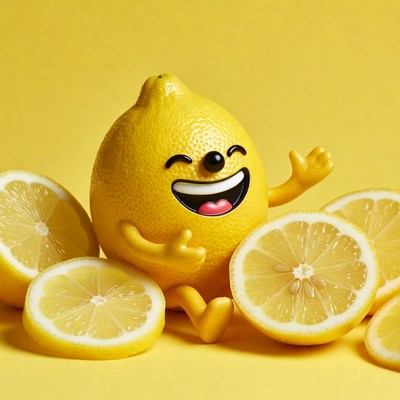 Smiling Cartoon Lemon with Lemon Slices