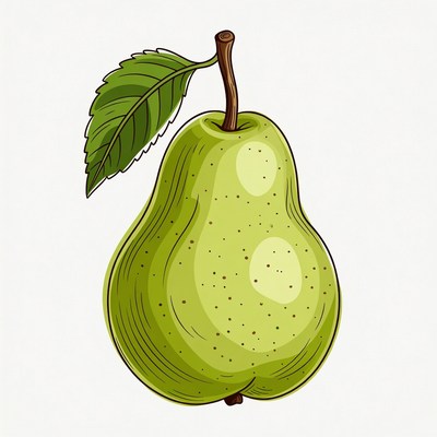 Green Pear with Leaf Illustration