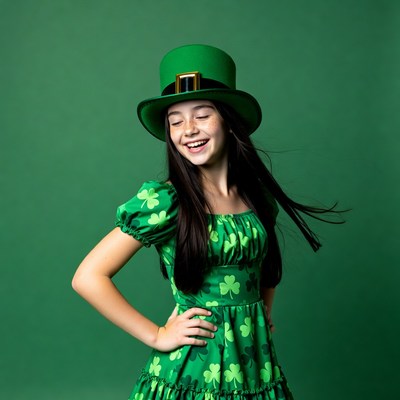 Girl in green shamrock dress and leprechaun hat