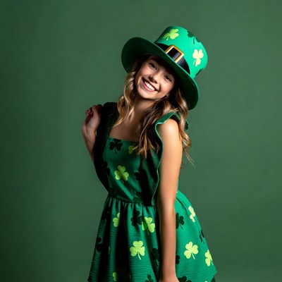 Asian girl in green shamrock hat dress