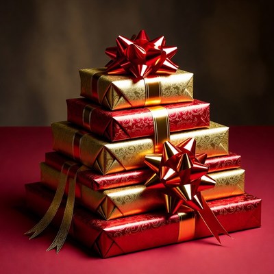 Stack of Red Gold Wrapped Gift Boxes