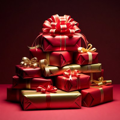 Stack of Red Gold Gift Boxes