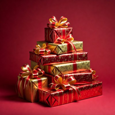 Stack of Red Gold Wrapped Gift Boxes