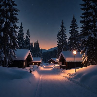 Snowy Cabins in Starry Winter Forest