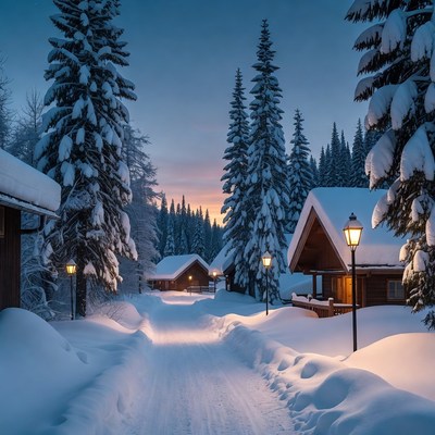 Snowy Path to Wooden Cabins