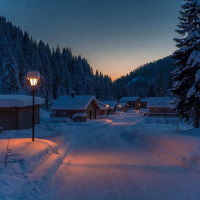 Snowy Mountain Village at Dusk