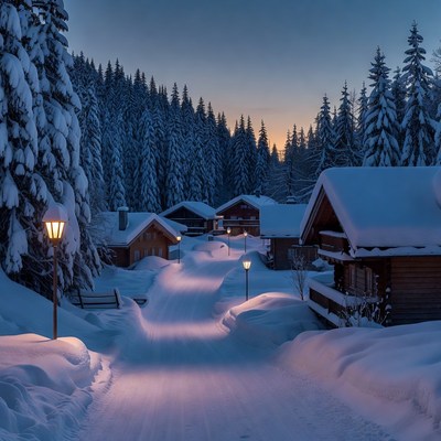 Snowy Chalet Village at Dusk
