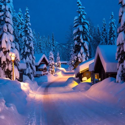 Snowy Mountain Village at Night