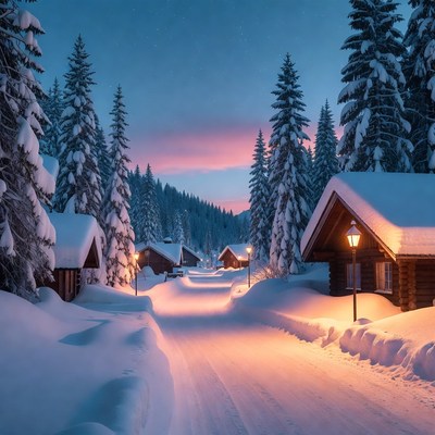 Snowy Path to Wooden Cabins at Night