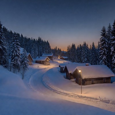Snowy Wooden Cabins in Forest at Dusk