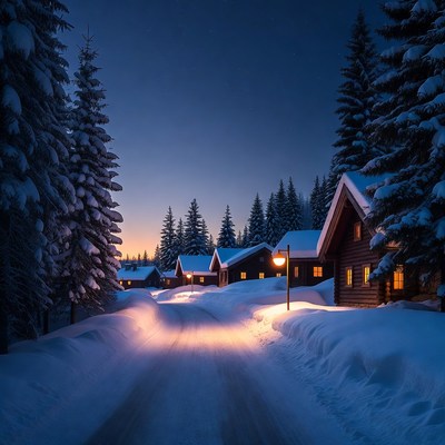 Snowy Wooden Cabins at Night