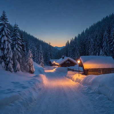 Snowy Mountain Village Path at Twilight