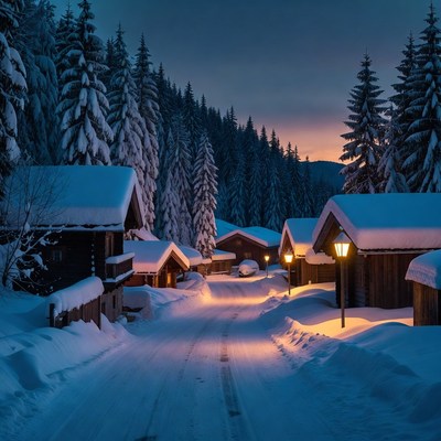 Snowy Chalet Village at Dusk